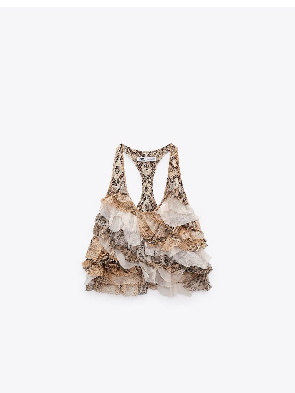 Zara Snake-Print Ruffled Racerback Tank - Beige & Cream